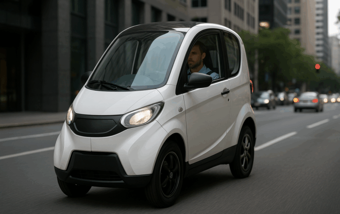 Fully enclosed electric three-wheeler in an urban setting